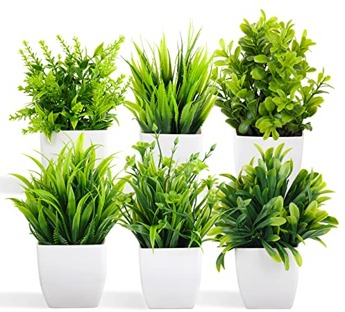 ZAOJUP 6 Stück Künstliche Pflanzen Artificial Plants Mini Fake Potted Plants Small Eucalyptus Potted Faux Decorative Grass Plant with White Pot for Home Decor, Indoor, Office, Desk, Shelf, Table