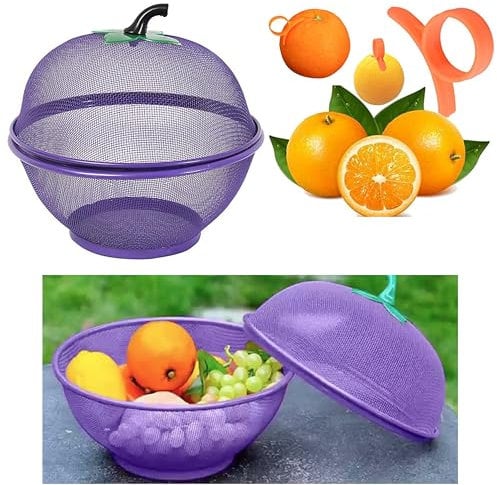 PURPLE FRUIT Basket & Ring Peeler -Lidded FRUIT BASKET, Mesh FRUIT BOWL, Wicker Bread Basket, Decorative Woven Table Piece (PURPLE Basket)