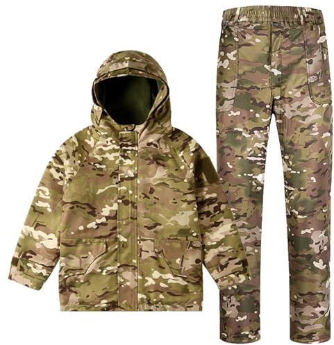 QIYUANT Bambini All'aperto Set di Giacca e Pantaloni di Abbigliamento Tattico Foderato Pile Airsoft Militare Camuffare Inverno Combattere Escursionismo Caccia (CP/Giacca + Pantaloni, 150)
