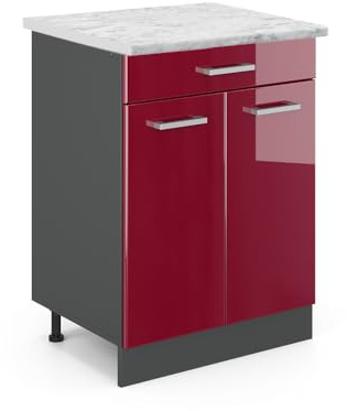 Vicco Küchenunterschrank R-Line, Rot Hochglanz, 60 cm | 1 Schublade · AP Marmor inkl. · Höhenverstellbare Füße · 2 Türen · ✓ Leichter Zugriff