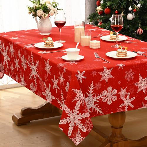 Alishomtll Weihnachten Rot Tischdecke, Schneeflocke Rechteckige Tischdecken, Wasserabweisend Abwaschbar Tischtuch, Winter Party Festliche Deko Tischwäsche 130x220 cm