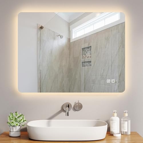 LOMIKEN Badezimmerspiegel mit Beleuchtung, 80 x 60 x 3.5 cm,Wandspiegel mit 4 mm kupferfreiem Glas, Aluminiumrahmen,Vertikal/Horizontal,3 Farben dimmbar Touch-Schalte