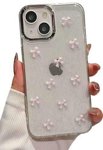 JANDM Transparente 3D-Schleifen-Schutzhülle für iPhone 13/14, Glitzer, Rosa, Stoßfest, Handgefertigt, Schleife mit Glitzer, Showcase Screen