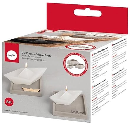 Rayher Silikon Gießformen Origami Boote, Set 3teilig, 8x4x2,9cm / 12x6x4,3cm / 16x8x5,6cm, ausgießen mit Kreativ-Beton, Schmuck-Beton, Raysin-Gießpulver, Gießharz, Wachs, 36181000