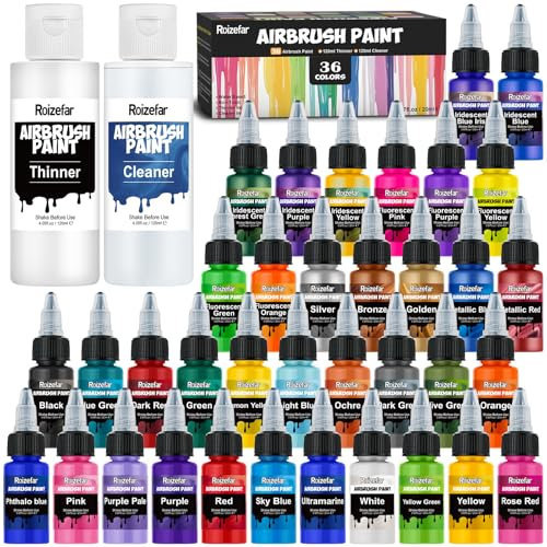 Roizefar Pintura para aerógrafo, 36 colores con diluyente de 120 ml y limpiador de 120 ml, pinturas metalizadas para aerógrafos acrílicos, a base de agua, colores para principiantes, artistas