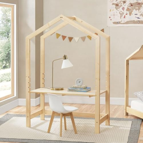 DELUKE® Kinderschreibtisch mitwachsend BIBI - 110x50x160cm | Hausoptik, Robustes Kiefernholz | Kindertisch verstellbar Maltisch Basteltisch Spieltisch für Kinder