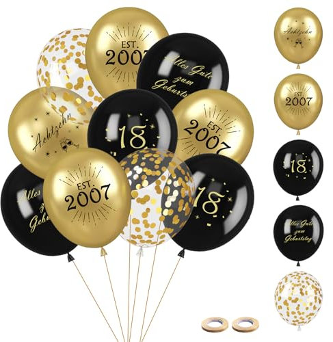 30 Stück Luftballons 18.Geburtstag Deko - Luftballons Schwarz Gold Deko für Junge Mädchen - Latex Druck Ballons, Konfetti Luftballons für Birthday Party Geburtstagsdeko (Schwarz Gold, 18)