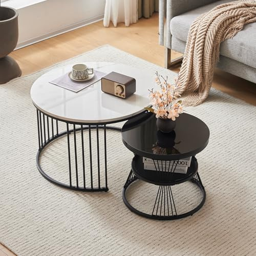 BTM Moderner Nesting-Couchtisch, Hochglanz-Tischplatte, marmoriert, Sofa-Beistelltisch, runder Nesting-Couchtisch, 2er-Set, schwarzer Rahmen