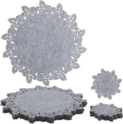 Weihnachtliche Filz-Set: 6 Runde Tischsets (33cm) & 6 Blattförmige Untersetzer (12.7cm) - Öko Vliesstoff, Grün, Festliches Weihnachtsdeko für Tisch, Küche & Feiertage (Grau)