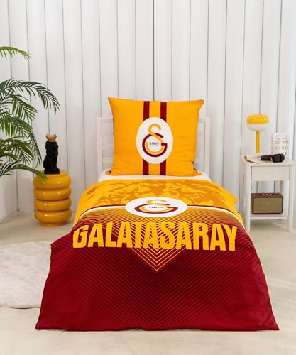 TAÇ Galatasaray Bettwäsche-Set 2 teilig - Bettwäsche 135x200 und Kopfkissenbezug 80x80-100% Baumwolle Super Weich - Doppelseitiger Kinder Bettwäsche für Jungen und Mädchen