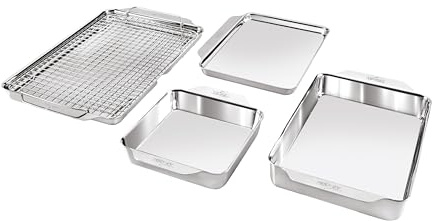 All-Clad Stainless Steel Baking Sheets, 5-Piece Set, Three Layers, for Coherent Baking, Includes Square and Rectangular Baking Molds, Baking Sheets and Cooling Rack