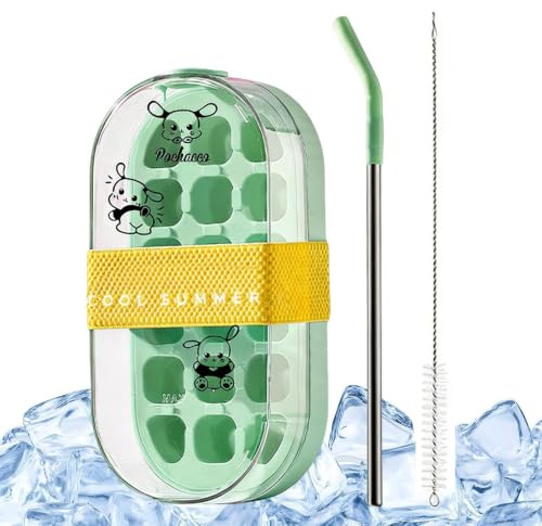 Botella de hielo sin contacto,Botella portátil 2 en 1 con paja,Bandeja de hielo para el hogar sin contacto - Cocina Oficina Viaje al aire libre Camping Senderismo Picnic Cóctel Fitness