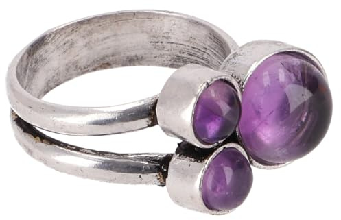 GURU SHOP Modeschmuck Ring, Boho Ring mit Amethyst-Steinen | Drei violette Steine, mattes Antik-Silber-Finish, ideal für innere Balance und Entspannung.
