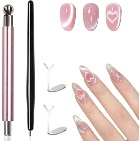 4Pcs Cat Eye Magnet Kit – Strong Cat Eye Magnet for Nails | With Round Magnetic Bead, 2 Heart Magnets and Nail Magnet Pen for Cat Eye Gel Polish DIY Nail Art