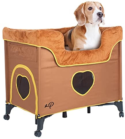 Petique Bedside Lounge Haustierbett, Etagenbett für mittelgroße Haustiere, erhöhtes Loungebett für Katzen und Hunde, Löwenhöhlen-Design, Braun, 99 cm L x 57 cm B x 84 cm T