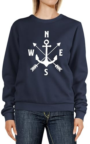MoonWorks® Sweatshirt Damen Damen Aufdruck Motiv Anker Kompass Pfeile Rundhals-Pullover Pulli Sweater ) Rundhals-Pullover Pulli Sweater