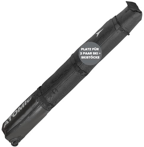 ATOMIC RS DOUBLE SKI WHEELIE - Schwarz - Skitasche für zwei Paar Ski & Stöcke - Transporttasche mit Rollen - Länge einstellbar durch Rolltop - Wasser- & schmutzabweisend
