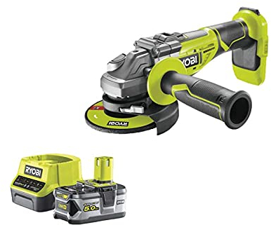 Pack RYOBI Winkelschleifer Brushless 18 V One+ R18AG7-0 – 1 Akku 18 V 5,0 Ah – 1 Schnellladegerät RC18120-150