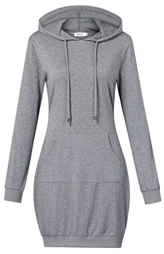 MISSKY Women's Long Sleeve Kangaroo Pocket Tunic Pullover Hooded Dress,Grey101# L