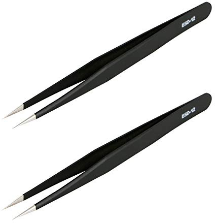 Aoje-Link ESD-12 Pince à épiler professionnelle antistatique à pointe fine non magnétique droite en acier inoxydable avec revêtement en plastique Longueur totale 135 mm Noir