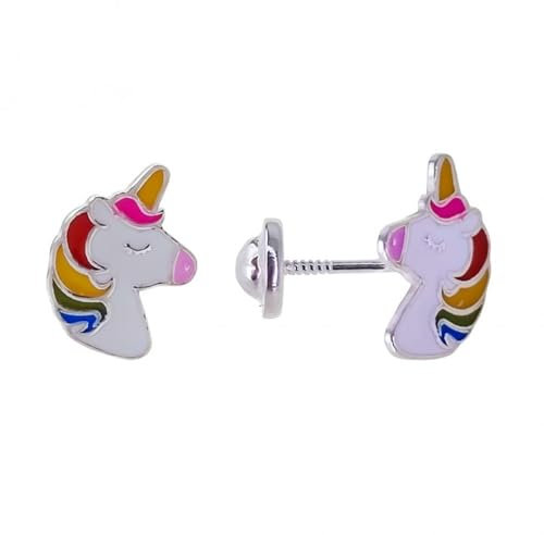 Minoplata Orecchini da bambina a forma di unicorno, in argento Sterling 925, con chiusura a vite, alla moda, ideali come regalo