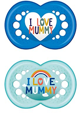 MAM Original Silikon Schnuller im 2er-Set, zahnfreundlicher Schnuller, Baby Schnuller aus speziellem MAM SkinSoft Silikon mit Schnullerbox, 6-16 Monate, I love Mummy