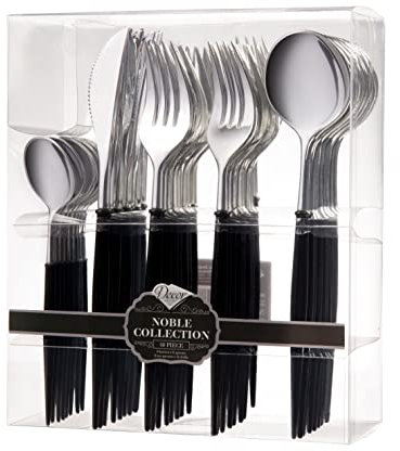 Decor Decorline - Ensemble de couverts réutilisables en plastique robuste - 40 pièces - Avec 16 fourchettes, 8 couteaux, 8 cuillères et 8 cuillères à dessert - Noble - Haut: Argent - Poigné: Noir