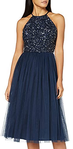 Maya Deluxe Women's Ladies Midi Dress with Halter Neck Tulle for Evening Graduation Prom Wedding Bridesmaids Ball Gown, Navy, 26