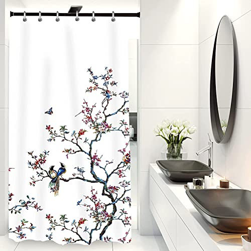LIVETTY Rideau de douche en tissu résistant à la moisissure pour homme et femme avec 12 crochets Motif oiseau Blanc 90 x 180 cm