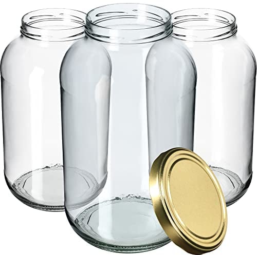 KADAX Einmachgläser 4L, Weckgläser, fi100 mm, Einmachglas zum Einlegen, Einkochgläser, Sturzglas, Konservenglas, Rundgläser, Gurkenglas, Einweckgläser (8 Stück, Gold Deckel)