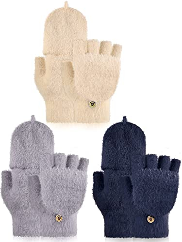 3 Paar Wandelbar Fingerlos Handschuhe Strick Handschuhe mit Klappe Warm Wolle Fäustling für Damen (Blau, Khaki, Rot Grau)