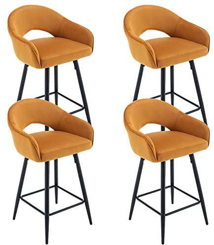 Wahson Samt Barhocker 4er Set 360°drehbar Barstuhl Bistrohocker mit Rückenlehne, gepolsterte Küchenhocker Thekenhocker mit Metallbeine für Hausbar/Kücheninsel, Gelb