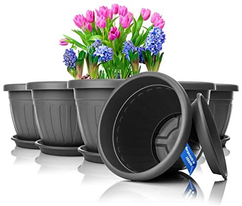 BigDean 6X Blumentopf mit Untersetzer rund ø33xH25 cm anthrazit - wetterfester Pflanzkübel - Wasserablauf UV-beständig aus bruchsicherem Kunststoff - Innen + Außen geeignet - Made in Europe
