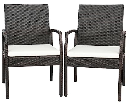 KOMFOTTEU Juego de 2 Sillas de Jardín de Ratán, Sillón Terreza Exterior con Reposabrazos y Respaldo, Asiento de Mimbre con Cojín Extraíble, Carga 180 kg, para Patio, Balcón, Piscina (Modelo 1)