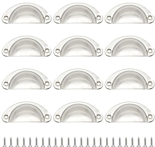 Hocansen 12 PCS Shell Cup Handles 81mm Metal Drawer Pull Handles Silver Shell Shape Handle Knobs Semicircle Cup Handle with Screws use for Wardrobe, Cupboard and Drawer (Silver/LS-BK)