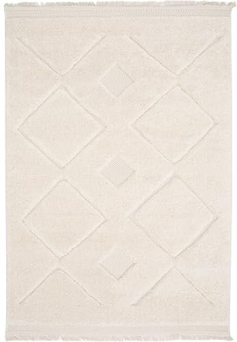 Primaflor Hochflor Wohnzimmer-Teppich - Nativo, Checks, 120x170 cm, Schlafzimmerteppich in Creme-Weiß, Moderner Boho Teppich mit Fransen, Made in EU, Oeko-Tex Zertifiziert