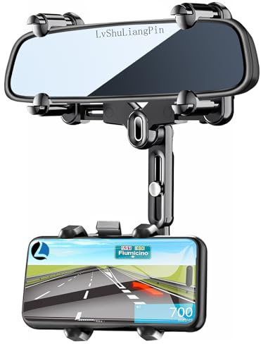 LvShuLiangPin Rückspiegel-Telefonhalter für Auto, 360° drehbare Rückspiegelhalterung mit verstellbarer Armlänge, verbesserte vier Ecken, festes Anti-Shake-Multifunktions-Design für alle Smartphones