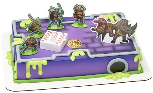 DecoSet® Teenage Mutant Ninja Turtles™ Pizza Power Cake Topper, 6-Piece Cake Decoration With Turtle Figurines, Cake Pic, And Pizza Launcher ! | For Birthday, Parties, Celebration