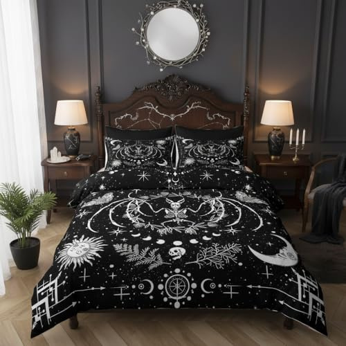 Fledermaus Tier Skelett Bettbezug Set S Größe,Sonne und Mond Bettwäsche Set,schwarze weiße Sterne Schmetterling Tröster Abdeckung Kinder Mädchen Zimmer,Gothic Hippie Stil Quilt Cover,1 Kissenbezug