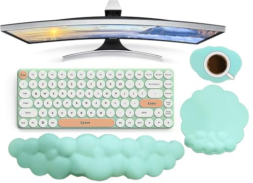 HTT GLOBAL Cloud Wrist Rest Set with Mouse Mat & Coaster - Green Arm Rest for Pain Relief - Non-Slip Desk Support