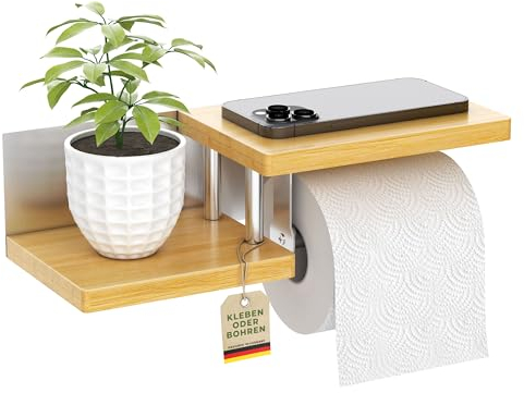 ElbFuchs® Porte Papier Toilette Mural en Bois de Bambou [sans PERCAGE] | Derouleur Papier Toilette de Haute qualité avec étagères | Acier Inoxydable | Support Papier toilett Mural