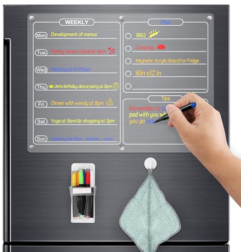 FUNYKICH Magnetic Weekly Planner, 16” x 12” Acrylic Fridge Planner with 6 Dry Erase Markers, Pen Holder & Cleaning Towel