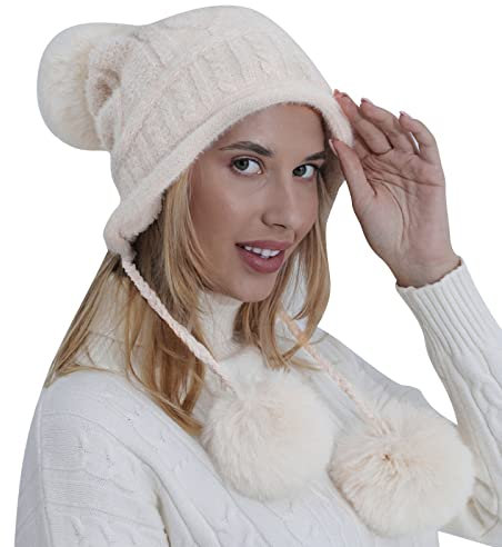 Mütze Damen mit Bommel Winter Warme Mütze Damen Wintermütze Elastisch Bommelmütze Weich Bequem Baskenmütze Gefütterte mit Pom Pom Geschenk Für Frauen Beige