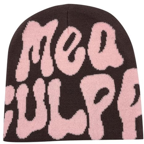 boseucn Y2k Beanie Mütze Herren Damen Teenager Y2k Cap Winter Knit Skater Beanie Mütze Hip Hop Strickmützen Baumwolle MEA Culpa Printed Y2k Beanie Cap Hat Pink Harajuku Fashion Wintermütze