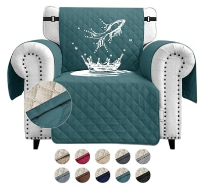 FIGOOO wasserdichte Sofabezug 1 Sitzer Dicke Sofaschoner Wasserdicht Gesteppte Sofa Überzug mit Seitentaschen Sofaüberwurf rutschfest Kratzfest für Haustiere Hunde Katzen,Grün
