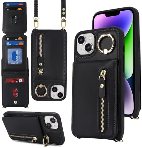 Zouzt iPhone 14/13 Case with 7 Card Holder and Strap - Crossbody Case Wallet with Zipper PU Leather, Adjustable Necklace Ring Phone Cover 6.1 Inch - Black