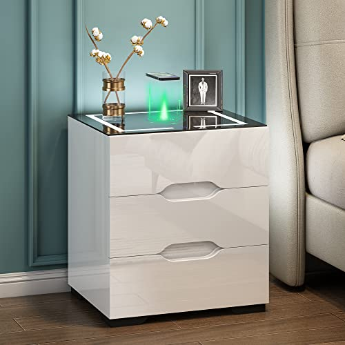 cointwo Smart Bedside Table with Wireless Charging & USB Charging Station, Led Bedside Table Smart Nightstand, High Gloss End Table Night Stand Organizer for Living Room Bedroom Use (White)