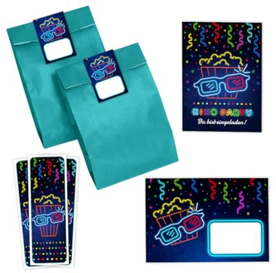 Minkocards 12 Einladungskarten zum Kindergeburtstag Kino Mädchen Jungen Einladung Jungsgeburtstag Mädchengeburtstag incl. 12 Umschläge, 12 Partytüten/petrol, 12 Aufkleber, 12 Lesezeichen