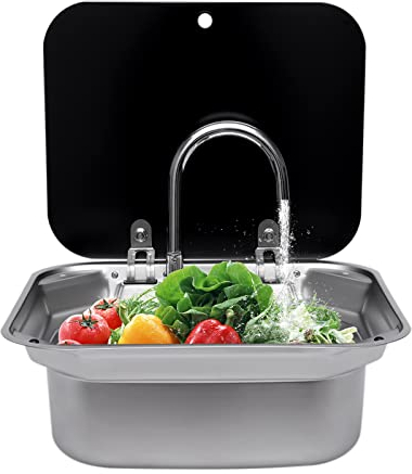 Kit de Lavabo pour Caravane et Camping-Car - Évier en Acier Inoxydable avec Robinet - Lavabo à Fermeture Éclair Rectangulaire avec Couvercle - 42,3 x 37,3 x
