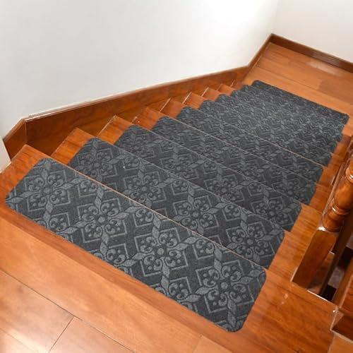 Hearda Pisadas Antideslizantes para Escalones de Madera, Juego de 9 Alfombra Vinilica, Alfombra Escaleras Lavable Antideslizante, Evita Resbalones y Caídas al Subir y Bajar Escaleras (9pc,Gris)